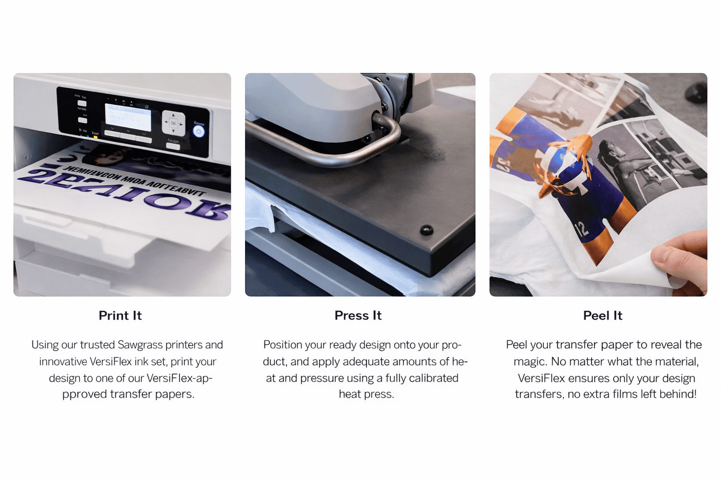 Sawgrass Versiflex SG500 SG1000 Ink Set 31 ml printing and heat transfer process images showing Print, Press, and Peel steps.