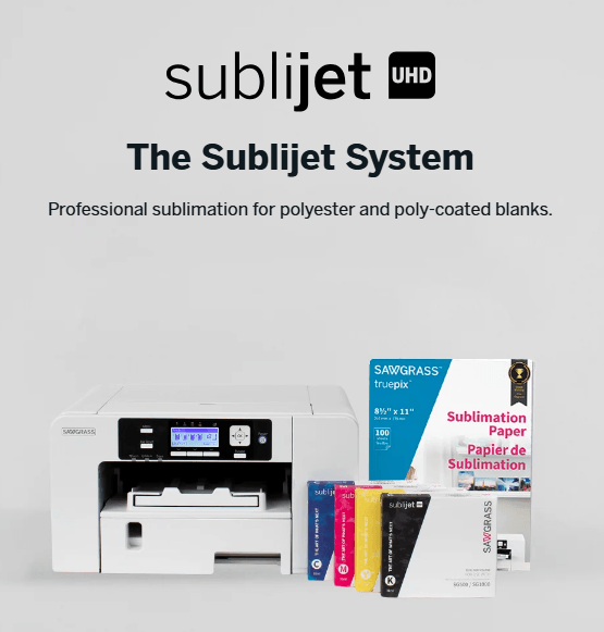 SubliJet UHD system for professional sublimation on polyester and poly-coated blanks with Sawgrass truepix paper.