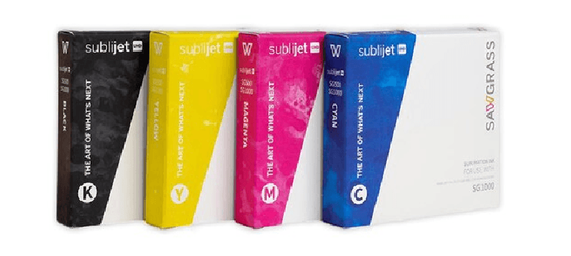 Four vibrant sublimation ink cartridges from Sawgrass, featuring black, yellow, magenta, and cyan colors.