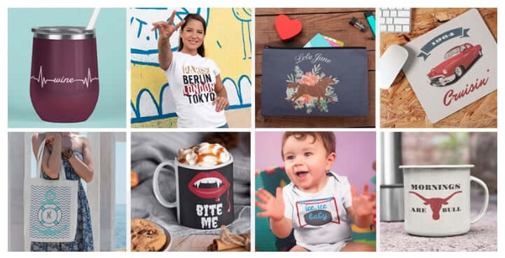 Collage of trendy custom gifts, including mugs, tote bags, and apparel with fun designs and quotes.