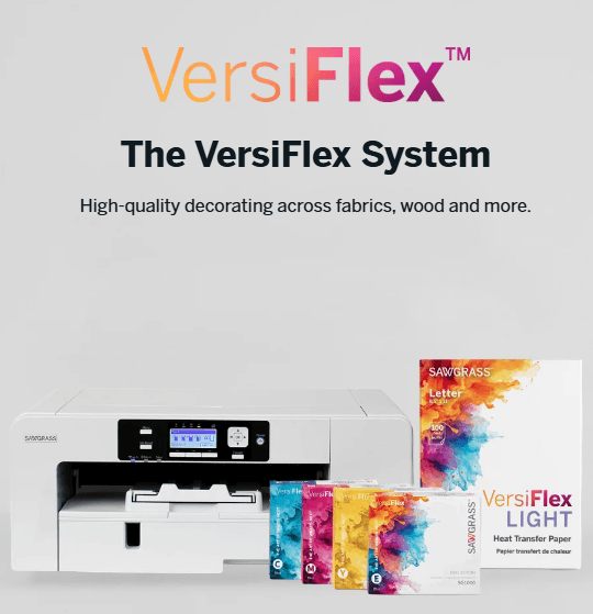 VersiFlex system for high-quality fabric and wood decorating, featuring heat transfer paper and printer.