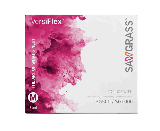 Sawgrass Versiflex SG500 SG1000 Ink - Magenta 31 ml cartridge packaging with pink splash design.