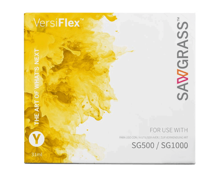Sawgrass SG500 VERSIFLEX Bundle with 31ml inks(full size) and paper product package front view.