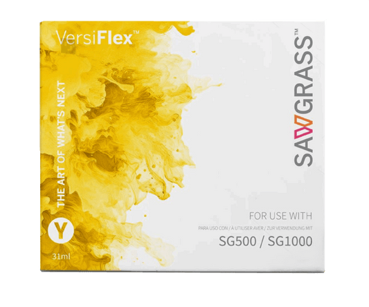 Sawgrass SG500 VERSIFLEX Bundle with 31ml inks(full size) and paper product package front view.